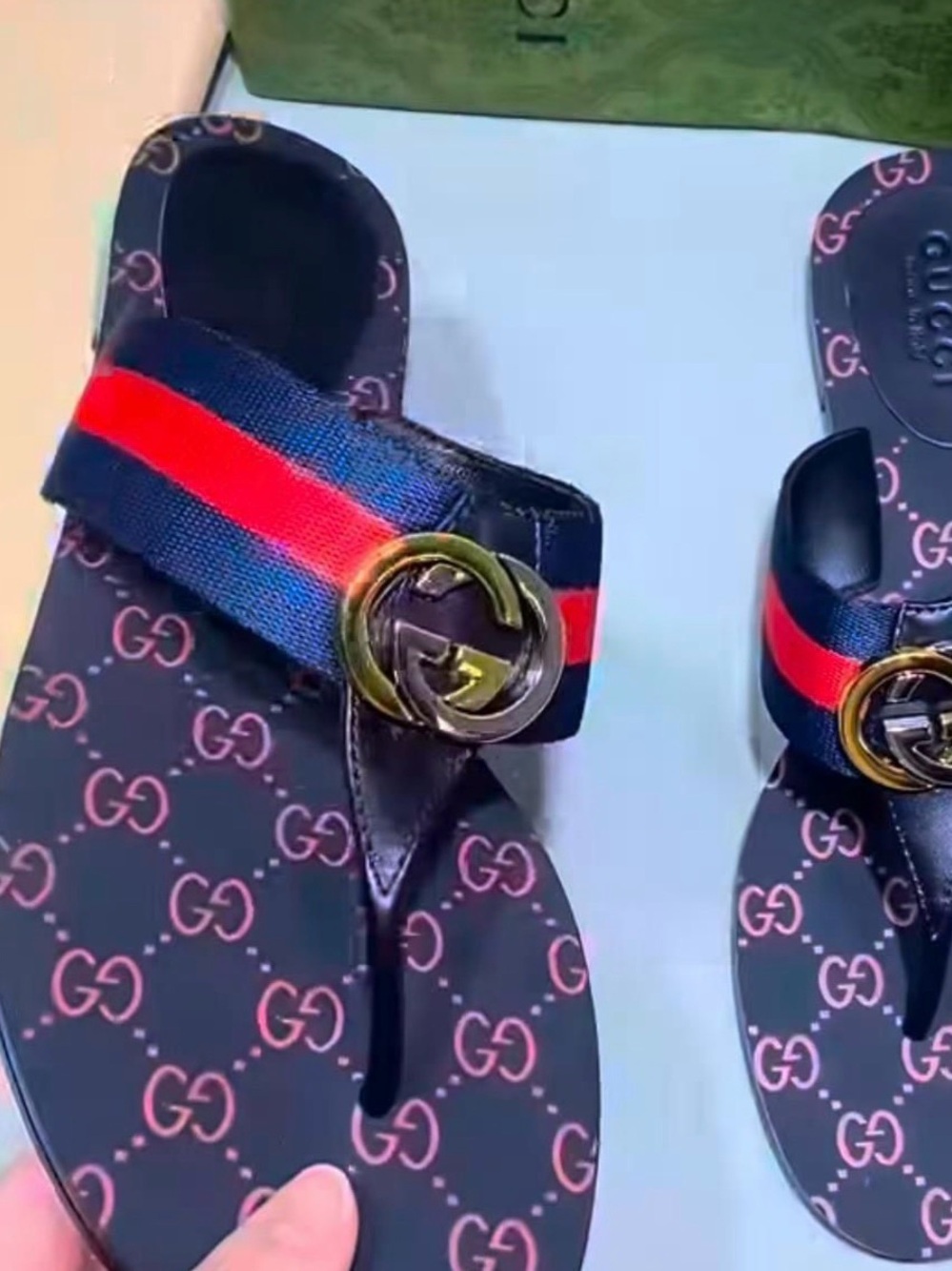 Gucci Black Sandal with Red & Blue Web and Gold GG